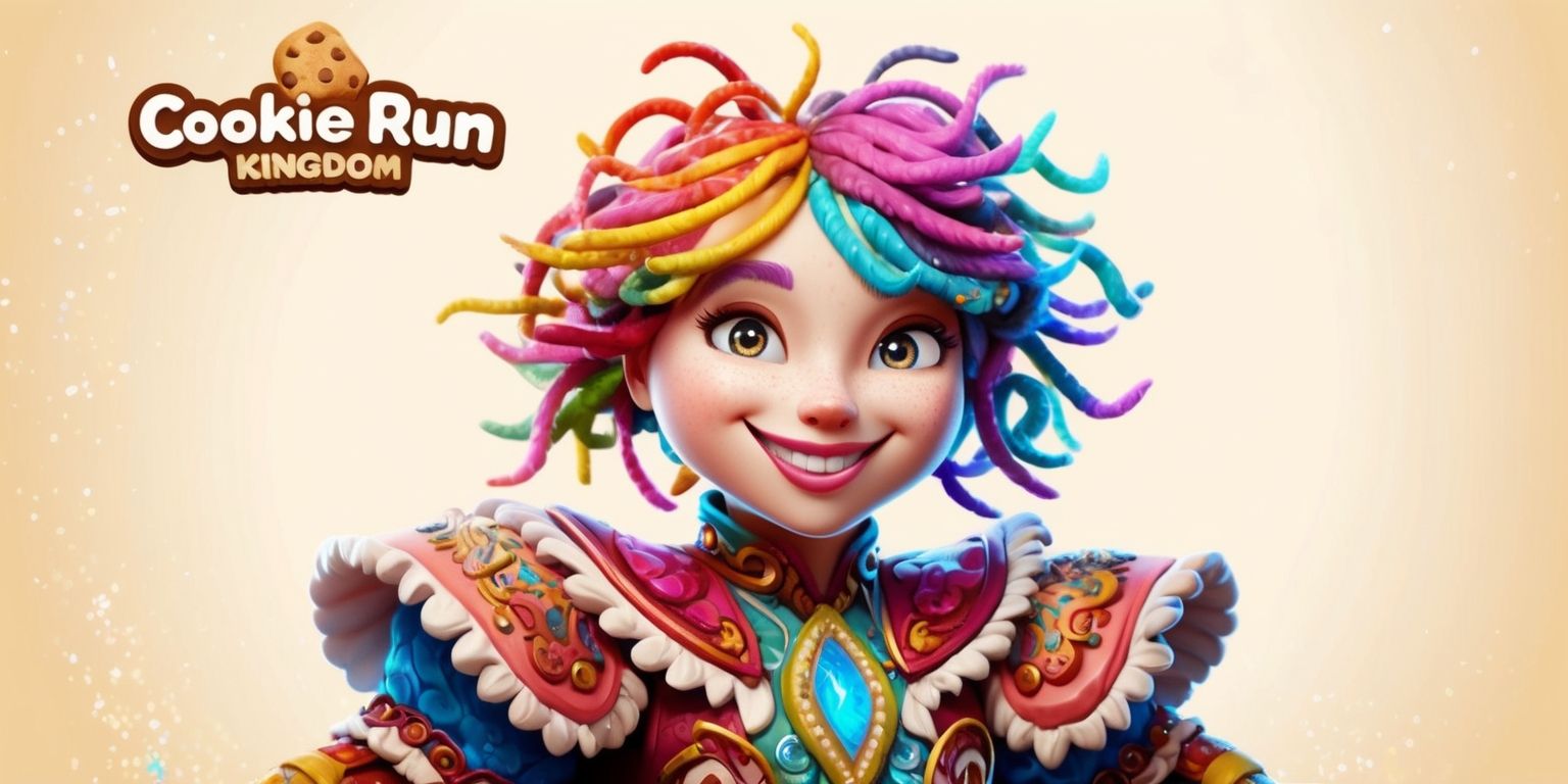 A colorful digital illustration of a Cookie Run Kingdom game character, featuring a vibrant and whimsical design, with intricate details and textures, set against a soft and creamy background, the character has a sweet and endearing facial expression, with bright and sparkling eyes, and a warm and inviting smile, the character's skin is a smooth and creamy texture, with a subtle sheen, and their hair is a wild tangle of colorful locks, with loose strands framing their face, the character is dressed in a elaborate and ornate outfit, with intricate patterns and designs, and a sprinkle of sparkles and glitter, the overall style is playful and fantastical, with bold lines and bright colors, and a sense of movement and energy, capturing the character's personality and charm.