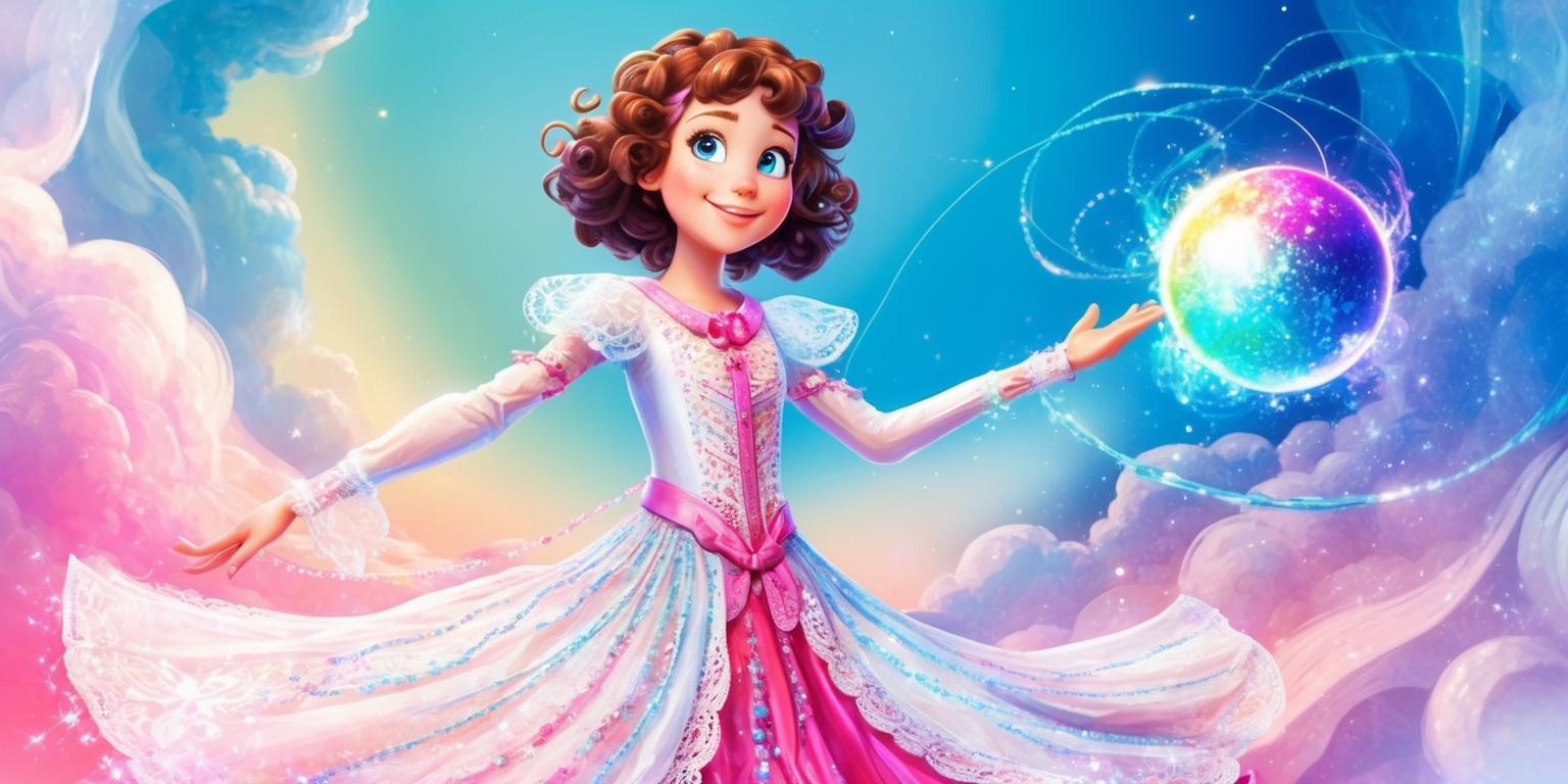 A vibrant, dreamlike illustration of the protagonist Nikki from the Infinity Nikki game, set against a surreal, gradient-blue background with swirling clouds and stars. Nikki, with her signature curly brown hair, bright blue eyes, and gentle smile, is depicted in a flowing, white and pink dress with intricate lace details, standing in a pose that conveys a sense of wonder and curiosity. Her dress is adorned with sparkling, shimmering threads that reflect the colors of the surrounding environment. The overall style is reminiscent of watercolor painting, with soft, blended edges and delicate textures. In the foreground, Nikki's hands are gently cupped around a glowing, iridescent orb that pulses with an otherworldly energy. The image exudes a sense of whimsy, magic, and adventure, inviting the viewer to step into Nikki's fantastical world.