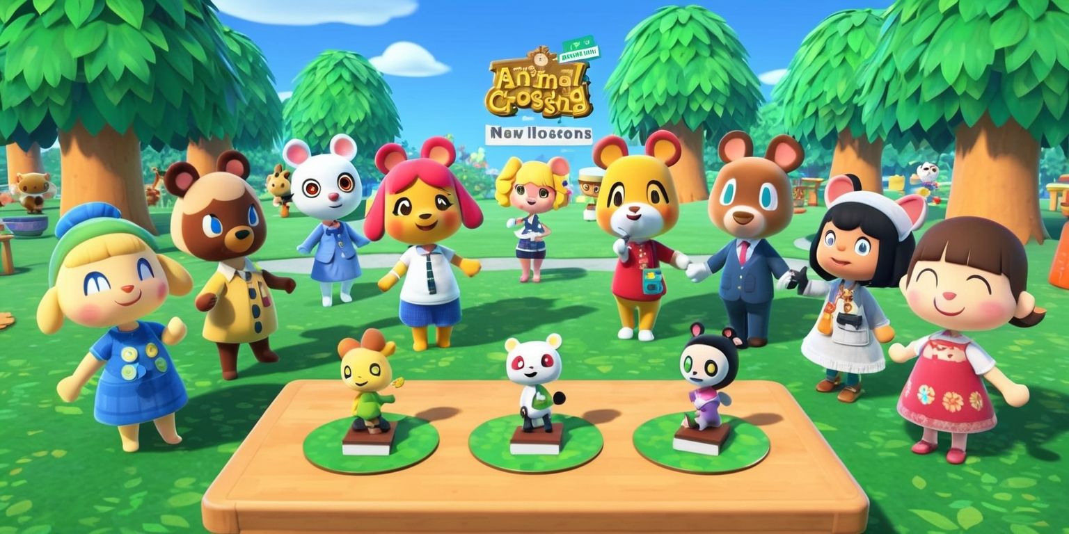 A colorful digital illustration depicting the vibrant world of Animal Crossing: New Horizons with new characters standing alongside familiar faces, all surrounded by themed decorative items and fresh aesthetic options, the characters have distinct facial features and unique attributes, with various skin colors and personalities, the scene is set on a beautiful sunny day with a clear blue sky and lush green trees, the new characters are summoned using Amiibo figures, which are placed neatly on a wooden table near the characters, the image showcases the game's enhanced narrative and personalization options, with a mix of free content and innovative crossovers, the overall style is whimsical and dreamy, with soft colors and delicate lines, the layout is lively and dynamic, with characters and objects arranged in a harmonious and balanced composition.