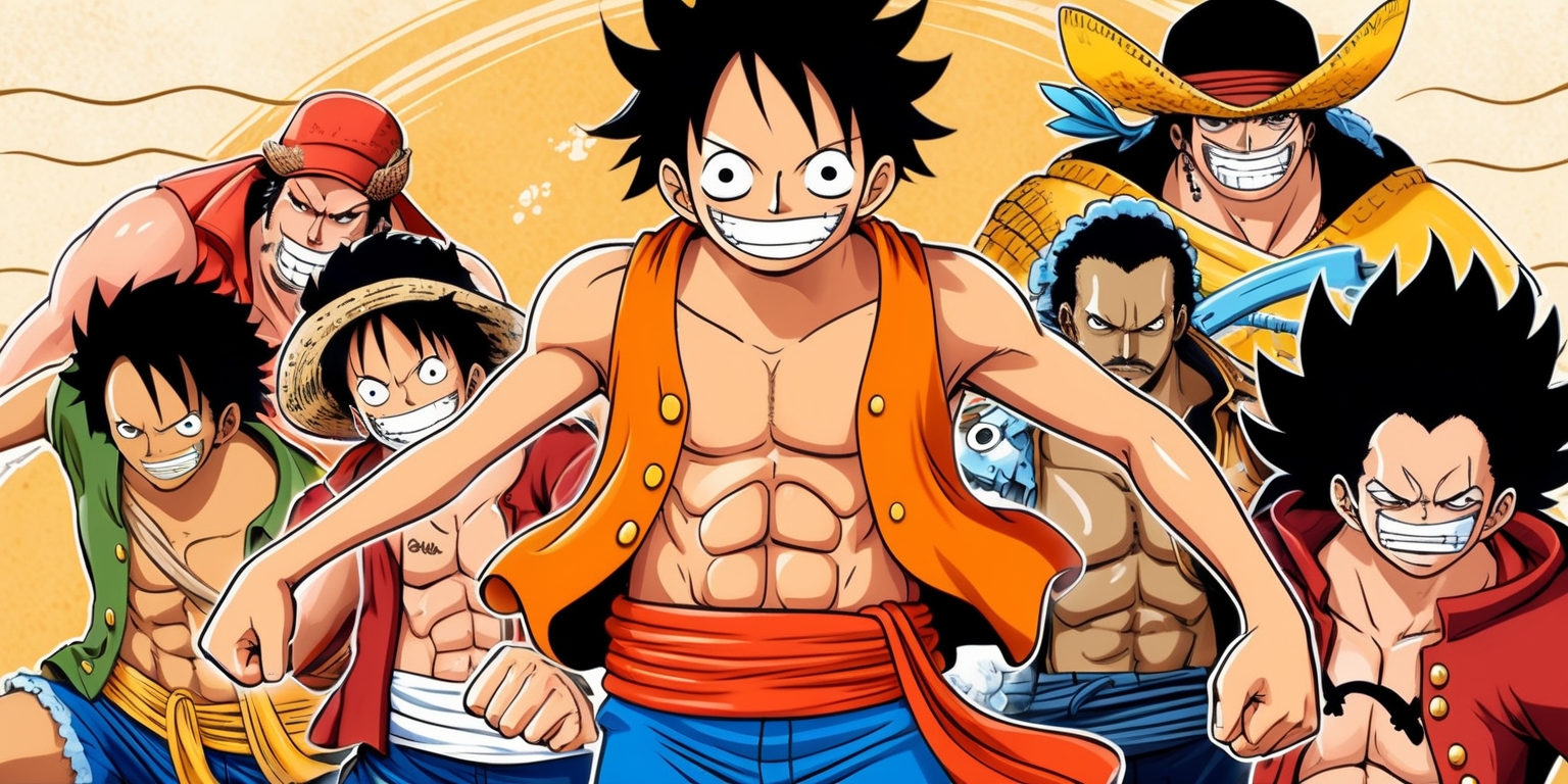 A vibrant and dynamic illustration inspired by the One Piece manga series, featuring Monkey D. Luffy, the main protagonist, in the center, with a bright orange vest and a confident smile, his eyes gleaming with excitement, against a warm, sunny background with subtle hints of wavy ocean lines, surrounded by his crew members, including Roronoa Zoro, Usopp, Sanji, Tony Tony Chopper, and Nico Robin, each showcasing their unique facial features, skin tones, and characteristic expressions, with bold black outlines, detailed textures, and intricate shading, blending traditional Japanese manga style with a modern, energetic twist, with minimal text, logos, or additional elements that might distract from the main characters, focusing solely on the Straw Hat Pirates' adventurous spirit and camaraderie.