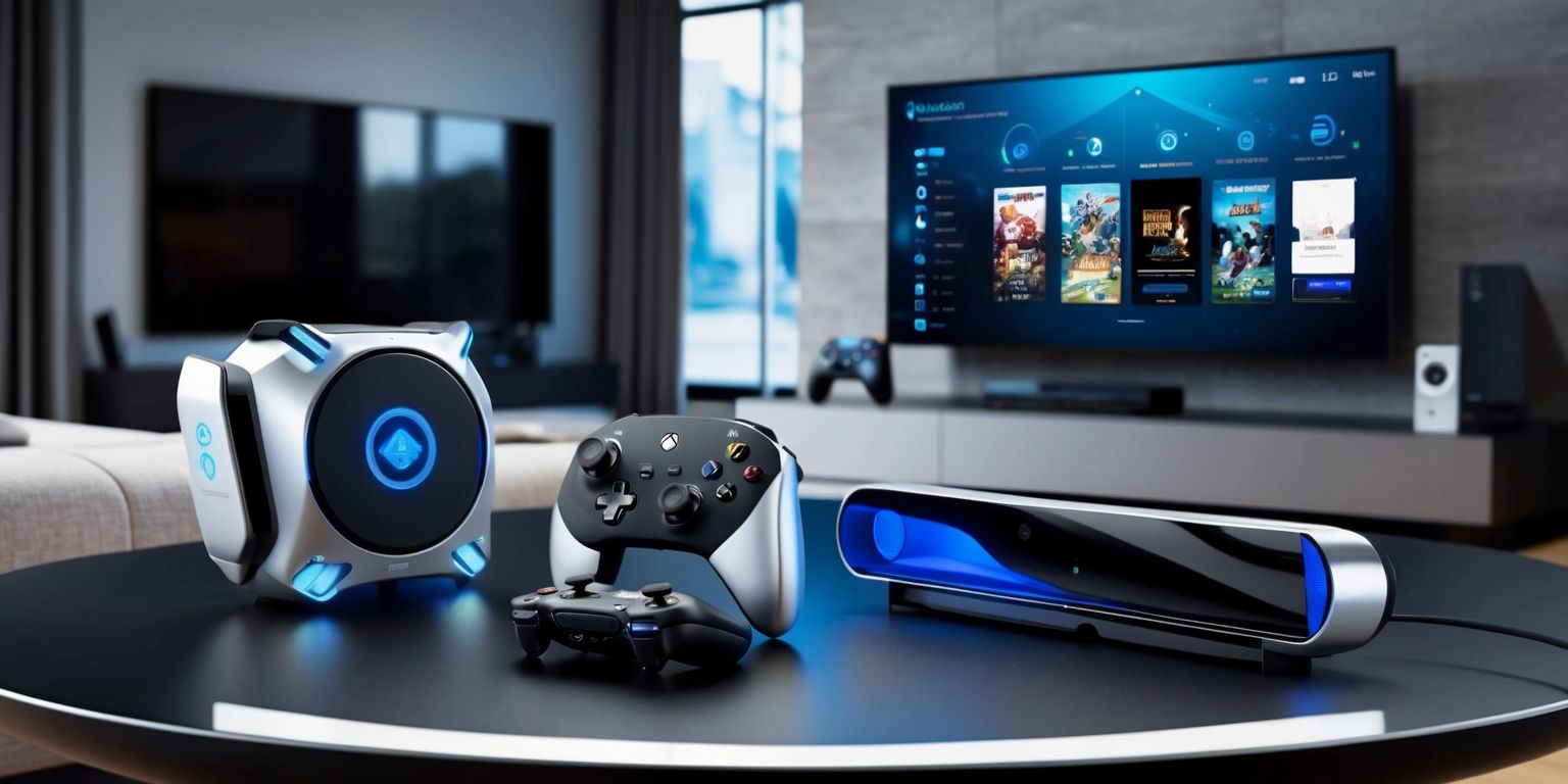 A sleek motion-based gaming console with a futuristic design, featuring a compact main unit, wireless controllers, and a sensor bar, all placed on a modern living room table with a large flat-screen television in the background, the console and its accessories rendered in a metallic silver and black color scheme, with vibrant blue accents and logos, the overall aesthetic exuding a high-tech and dynamic feel, with subtle lighting effects and textures to enhance the visual realism, the console's user interface displayed on the television screen, showing a variety of game options and menus in a clean and intuitive layout, with a few gaming peripherals and accessories scattered around the table, such as a gaming headset and a few games, all blending together to create a captivating and immersive gaming environment.