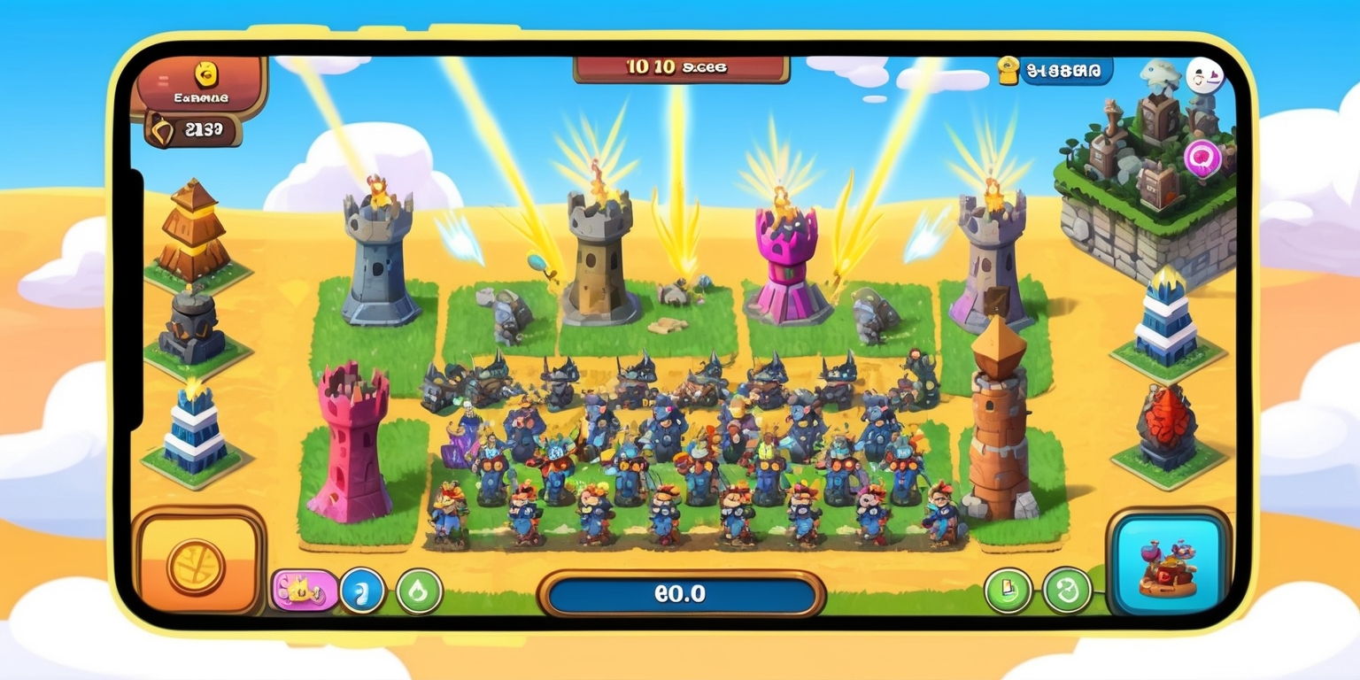 A vibrant, 2D illustration of a mobile game interface showcasing a tower defense game in progress, set against a warm, sunny landscape with fluffy white clouds. The game board is divided into paths and arenas, filled with various towers, each uniquely designed with different shapes, sizes, and colors, emitting beams of light to attack an endless wave of cartoonish, medieval-inspired monsters marching towards the player's stronghold. The interface features a scrolling leaderboard, a coins and gems counter, and a minimap at the top, all designed with a playful, casual aesthetic. The color palette is a mix of pastel hues, including soft blues, pinks, yellows, and whites, evoking a sense of fun and relaxation. The overall style is reminiscent of popular mobile games, with bold lines, rounded shapes, and subtle animations.