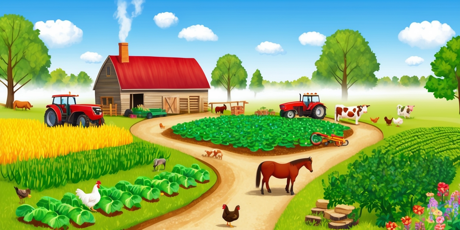 A serene and vibrant farming landscape set in a warm sunny day, with a few puffy white clouds scattered across a bright blue sky, featuring a rustic farmhouse in the background with a red roof and a smoking chimney, surrounded by lush green fields with various crops growing, such as yellow wheat, green lettuce, and red tomatoes, with a tractor and farming tools scattered around, and a few farm animals like cows, chickens, and a horse grazing peacefully, with a dirt path winding its way through the fields, lined with tall trees and colorful flowers, and a slight mist hovering above the ground, giving the scene a sense of tranquility and abundance.