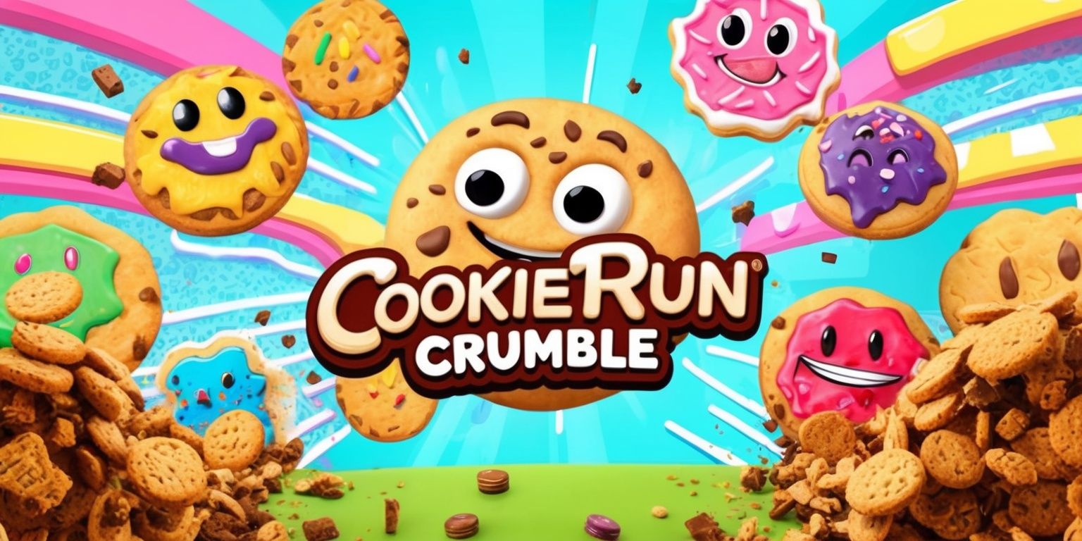 A vibrant and dynamic scene from the CookieRun Crumble game, featuring a variety of colorful cookies, each with unique designs and expressions, set against a bright and lively background with Pastel colors, bold lines, and whimsical textures, with a clear focus on the main cookie character, showcasing its distinct facial features, such as large, shining eyes and a cheerful smile, surrounded by crumbling cookies, obstacles, and power-ups, with the game's logo prominently displayed in a curly, sweet-tooth-inspired font, in a fun and playful layout that emphasizes the game's exciting and adventurous atmosphere.