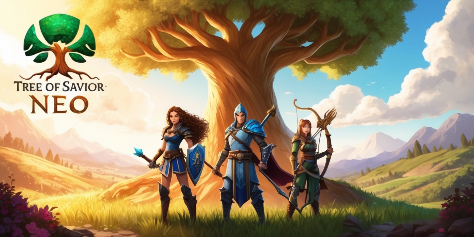 A fantasy-themed illustration of the Tree of Savior: NEO game, featuring a vibrant and detailed landscape with a large, ancient tree at its center, set against a warm, golden light sky with fluffy white clouds, surrounded by rolling hills and distant mountains, with characters from the game standing at the base of the tree, including a female warrior with long, curly brown hair and a determined expression, a male mage with a staff and a pointed hat, and a female archer with a quiver full of arrows and a bow slung over her shoulder, all dressed in intricately designed armor and clothing, with the game's logo, a stylized tree symbol, prominently displayed in the top left corner of the image, in a bold, modern font with a natural, earthy color scheme.