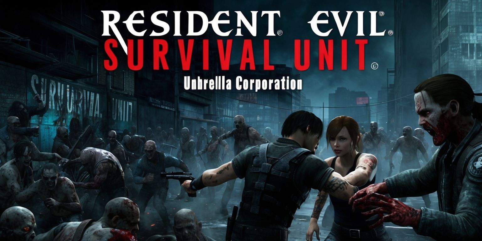A dramatic scene from the Resident Evil Survival Unit game, featuring a mix of dark and gritty urban environments, with a focus on survival horror elements, set against a backdrop of ominous lighting, deep shadows, and muted colors, including shades of grey, blue, and red, with key characters such as Chris Redfield and Jill Valentine, having distinct facial features, Caucasian skin, and unique attributes like tattoos and scars, interacting with each other and their surroundings, amidst hordes of undead zombies and other monstrous creatures, with bold, gothic-style fonts and logos of the game's title and Umbrella Corporation, integrated seamlessly into the scene, highlighting the intense action, tension, and fear that defines the game's atmosphere.