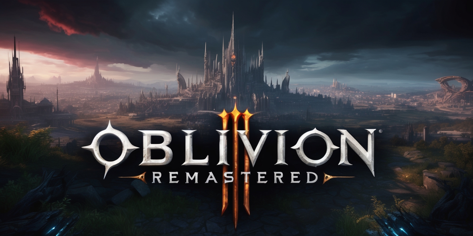 A futuristic, high-definition landscape of the post-apocalyptic world in Oblivion Remastered, featuring a sprawling metropolis in the distance, with intricate stone buildings, majestic spires, and grand architecture, set against a backdrop of a dark, ominous sky with hues of crimson and orange, evoking a sense of foreboding and adventure, with lush greenery and vibrant flora scattered throughout the desolate landscape, and a subtle, mystical aura surrounding the entire scene, with remnants of ancient magic and forgotten technology scattered about, inviting the viewer to explore the vast, uncharted world of Cyrodiil, with the game's iconic font and logo emblazoned prominently in the foreground, in a bold, metallic silver color with subtle, golden accents.