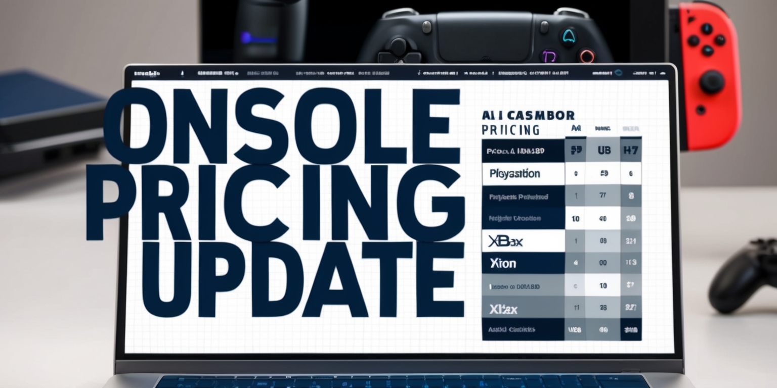 A news article about console pricing updates, displayed on a computer screen with a white background, featuring a bold headline in a modern sans-serif font, with the words Console Pricing Update in a dark blue color, and a subtitle in a lighter gray color, the article includes a table comparing the prices of various gaming consoles, such as PlayStation and Xbox, with their respective prices listed in a clear and easy-to-read format, the table has a subtle grid pattern and uses a mix of black and dark gray text, the background of the computer screen is slightly blurred, with a faint image of a gaming console and a controller in the background, the overall aesthetic is professional and tech-savvy, with a focus on conveying information in a clear and concise manner.