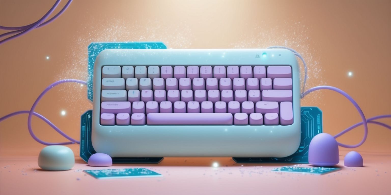 A futuristic ASMR Keyboard Adventure game scene with a pastel-colored keyboard as the central element, surrounded by soft, glowing blue circuit boards and wires, set against a warm, creamy background with a subtle gradient effect, featuring a few calming, gentle buttons and keys with rounded edges, adorned with tiny, shimmering dust particles and microscopic, glowing trinkets, under a dim, cozy light with an inviting, dreamy ambiance, where the keyboard keys are labeled with a clean, modern, cursive font in a soothing, pale purple hue, and the overall atmosphere is tranquil, mysterious, and highly immersive, with a strong emphasis on evoking a sense of relaxation and curiosity.