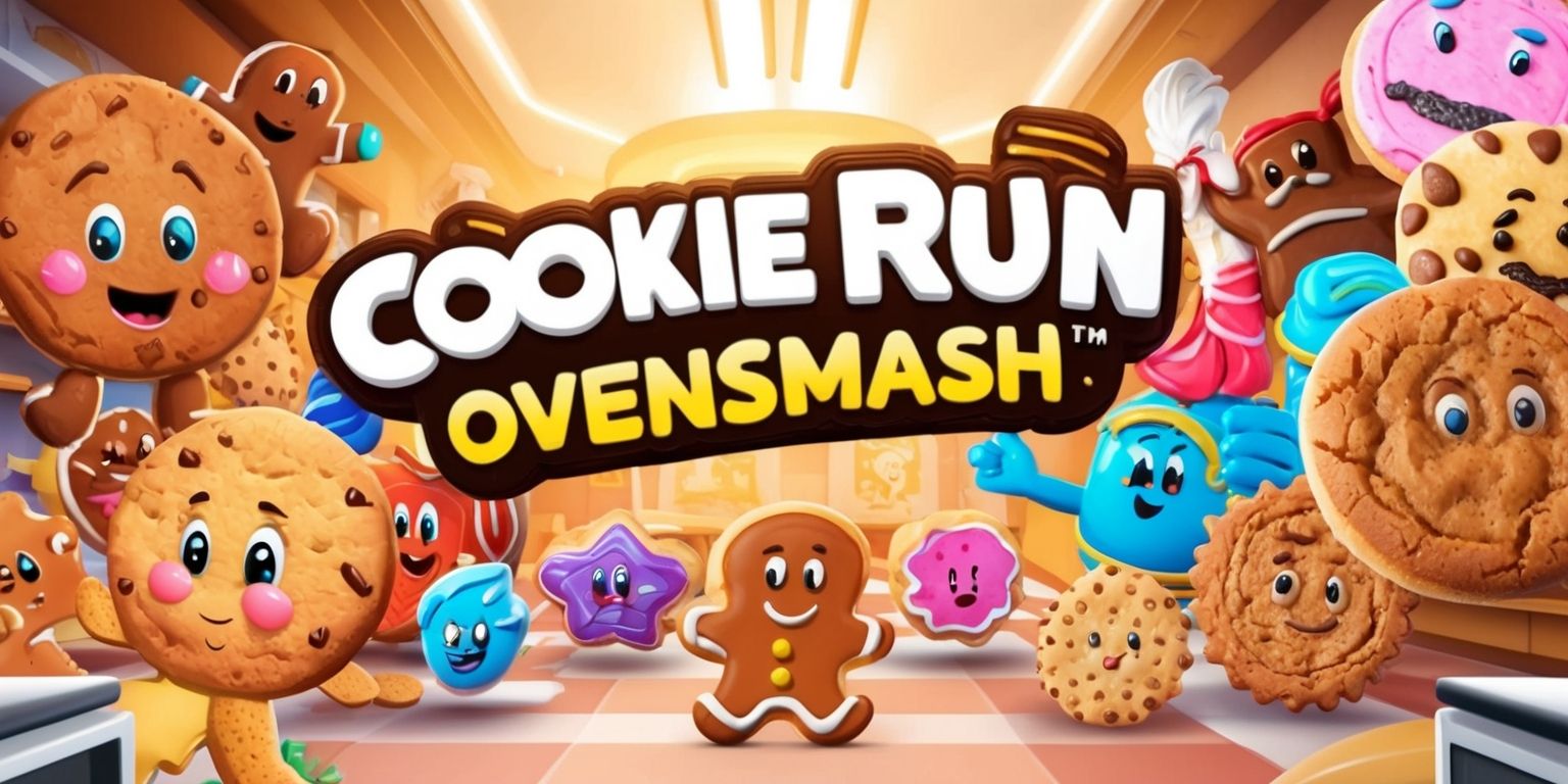 A vibrant and colorful digital illustration of the Cookie Run: OvenSmash game, featuring a variety of cookie characters with detailed facial features and expressive emotions, set against a warm and inviting bakery-themed background with sleek modern OvenSmash game elements, including a prominent OvenSmash logo in bold white font with golden accents, and a clear view of the game's controls and interface, with cookies of different shapes and colors, including gingerbread men, sugar cookies, and snickerdoodles, all with unique attributes and designs, blending together in a lively and dynamic scene that showcases the game's energetic and exciting atmosphere.