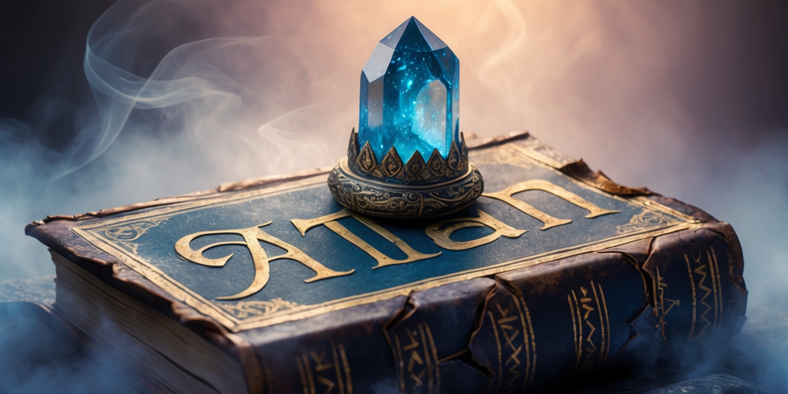 A mystical, ornate crystal sits atop a worn, ancient tome, adorned with faded, golden runes that spell out Atlan in a flowing, serif script, its leather-bound cover cracked and worn, surrounded by subtle, ethereal mist, with soft, warm, ambient lighting casting a sense of wonder and discovery, as if unearthed from a long-forgotten realm, with a subtle, gradient blue-purple hue dominating the color palette, evoking a sense of mysticism and adventure.