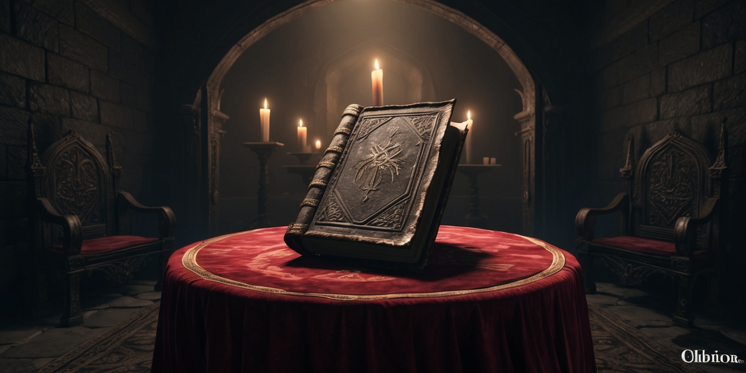 A mysterious, dimly lit chamber within the Dark Brotherhood's secret sanctuary, illuminated by flickering candles and soft, eerie luminescence, set against the rich, dark tones of the medieval-inspired stone walls and ornate, gothic furnishings, as seen in the immersive, action-packed fantasy world of The Elder Scrolls IV: Oblivion, with a faint, ominous aura surrounding the focal point, a worn, leather-bound tome, adorned with cryptic symbols and mysterious markings, resting upon a lavish, velvet-draped pedestal, evoking the sense of ancient, forbidden knowledge and dark, mystical power, as the player delves deeper into the enigmatic narrative of the Dark Brotherhood questline, navigating the intricate web of murder, deception, and moral ambiguity that defines this secretive faction.
