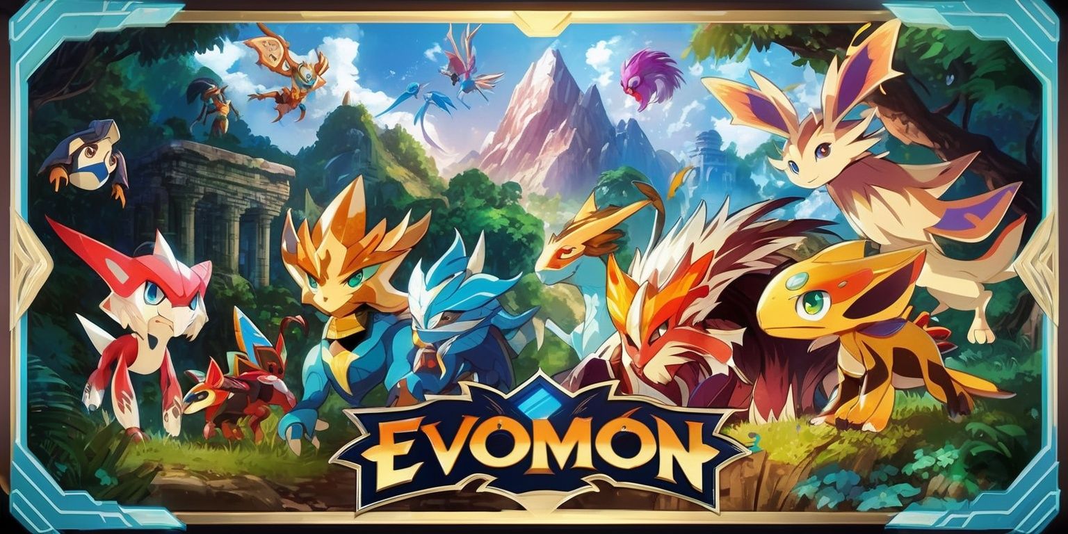 A vibrant and dynamic scene from the Evomon game, featuring a diverse range of fantastical creatures with unique attributes, set against a backdrop of lush forests, mystical mountains, and ancient ruins, with a mix of warm and cool colors, intricate details, and a sense of adventure and exploration, the Evomon creatures are beautifully illustrated with distinctive facial features, shimmering textures, and bold lines, the scenery is framed by a subtle border with the Evomon logo embossed in a elegant, futuristic font, the overall style is a blend of anime and western comic book influences, with a focus on storytelling and world-building.
