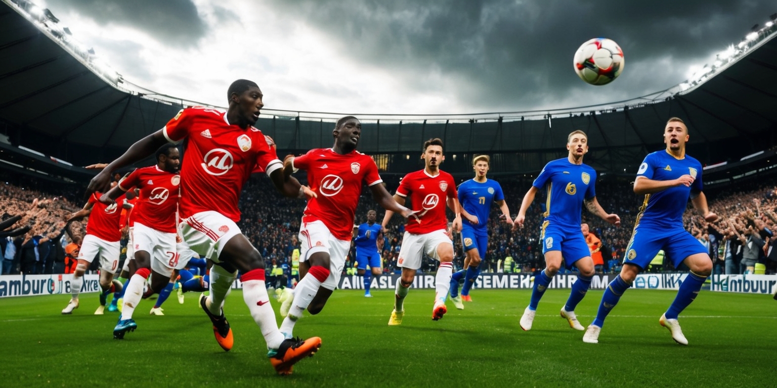 A dramatic scene of a soccer game in Hamburg with a sense of urgency and emergency, the players are in motion on the green field under a cloudy grey sky with a hint of sunlight peeking through, the Hamburg team is wearing red jerseys with a white logo, while the opposing team is in blue jerseys with a gold emblem, the ball is in mid-air as a player is about to kick it, the stadium is filled with excited fans of diverse ages and skin colors, some with their mouths open in cheers, others with their hands raised in anticipation, the scoreboard in the background displays a close score, with bold white numbers on a dark grey background, the overall atmosphere is tense and action-packed.