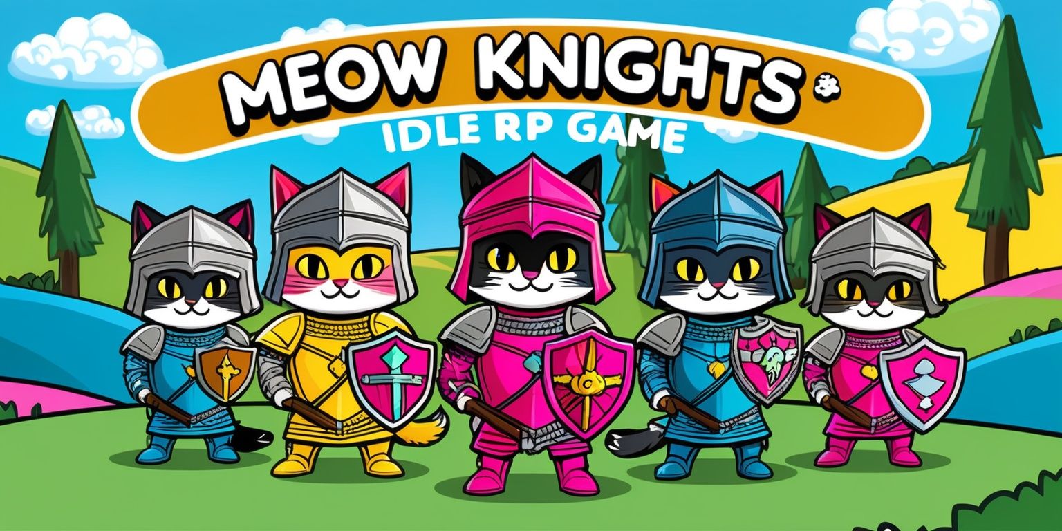 A vibrant and colorful illustration of Meow Knights idle RPG game featuring feline characters dressed in medieval armor, with intricate details on their helmets, swords, and shields, set against a backdrop of rolling hills, tall trees, and a bright blue sky with fluffy white clouds, the color palette includes shades of pink, blue, yellow, and green, with bold lines, textures, and subtle gradients, the Meow Knights are depicted in various idle poses, showcasing their unique facial features, fur colors, and accessories, such as sparkling collars, bows, and tails, the game's logo is prominently displayed in a curved line above the characters, in a modern, playful font with a mix of uppercase and lowercase letters, and a tagline written in a smaller, cursive script below the logo.
