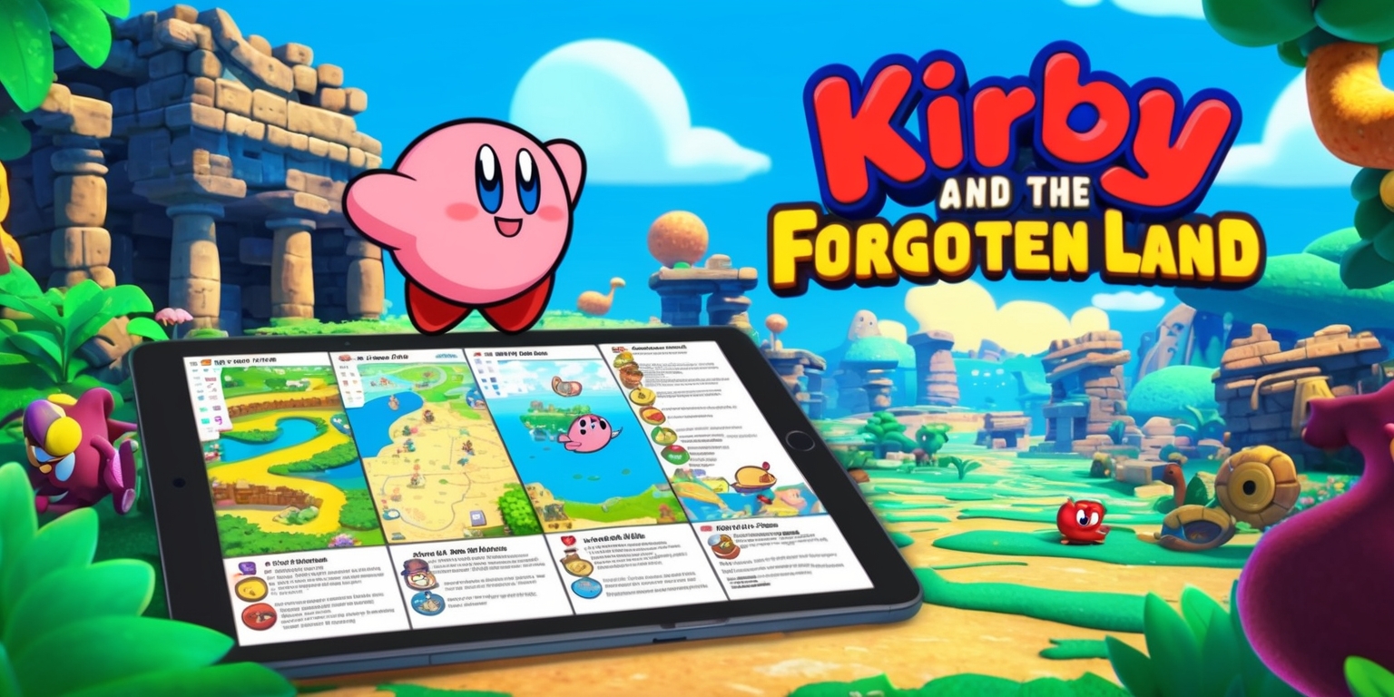 A colorful digital illustration of Kirby standing in a vibrant forgotten land filled with ancient ruins and mysterious artifacts, with a large open book or tablet in the foreground displaying a walkthrough guide for the Kirby and the Forgotten Land game, featuring detailed maps, colorful characters, and helpful tips, all rendered in a bright and whimsical style with bold lines and textures, with Kirby's iconic rounded shape and cheerful expression prominent in the scene, surrounded by lush greenery and strange creatures, with the title of the game and the words walkthrough guide displayed in bold, playful font with bright colors and rounded edges.