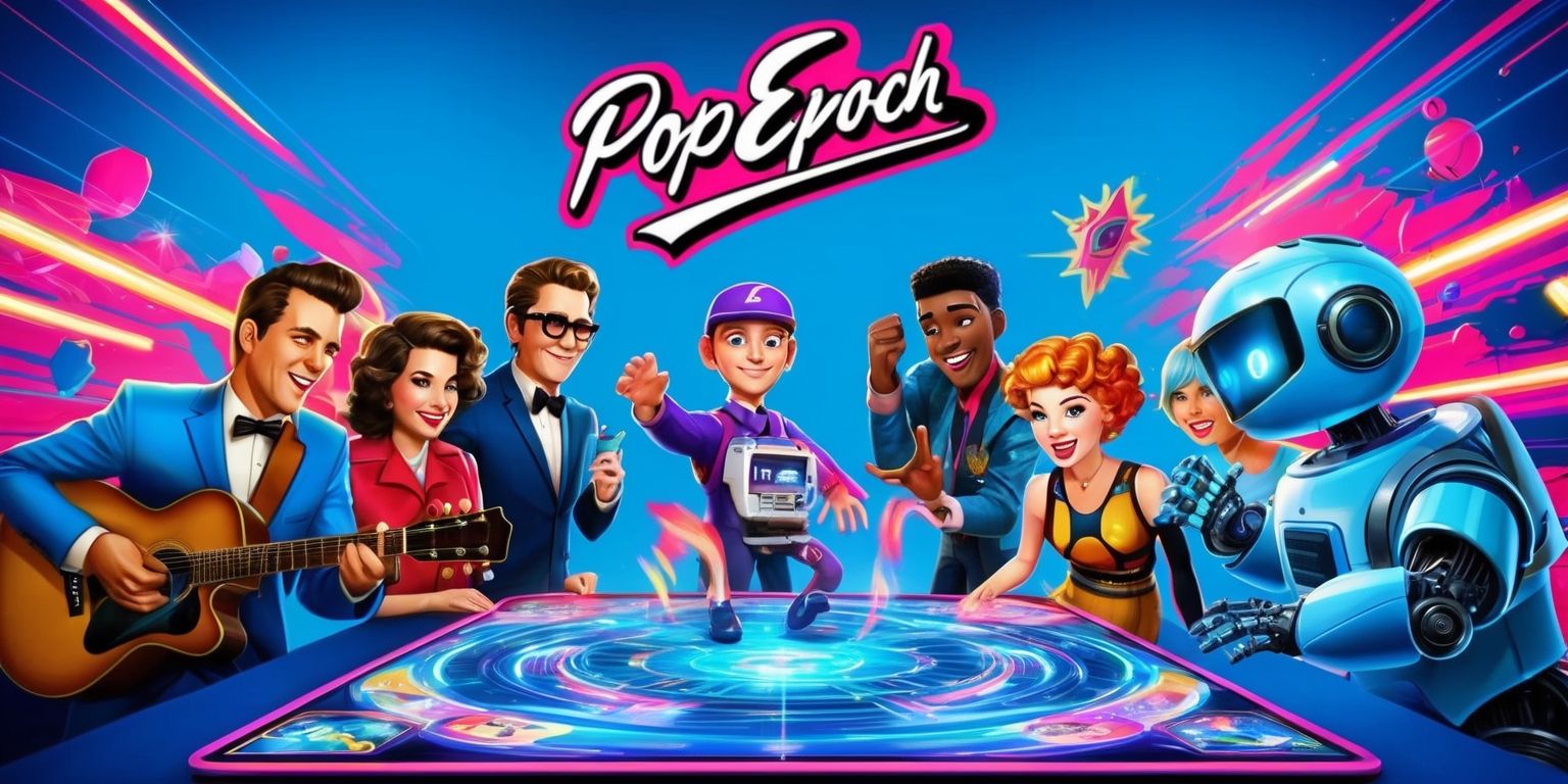 A vibrant digital illustration of a Pop Epoch game, set against a bold, electric blue background with neon accents, featuring a diverse group of people from different eras, including a 1950s-style musician with a guitar, a 1980s-inspired video game character, and a futuristic robot, all gathered around a holographic game board with bright, pulsing lights and dynamic, swirling patterns, with the game's logo, a stylized, cursive font in hot pink and silver, prominently displayed at the top of the image, and a sense of energetic, playful movement and excitement emanating from the scene.