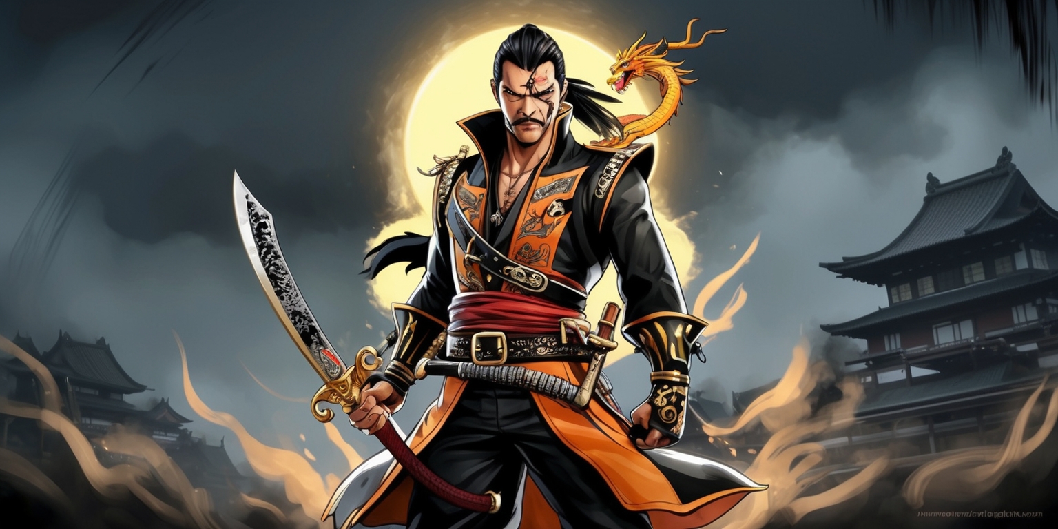 A gritty, vibrant, and dynamic illustration depicting a fictional scene inspired by the Like a Dragon: Pirate Yakuza game, set against a moody, cloudy sky with subtle hints of Japanese architecture in the background, featuring a powerful, rugged, and charismatic protagonist, likely Ichiban Kasuga or Harucha, standing confidently in the center, dressed in a sleek, black, and orange pirate-inspired attire with intricate, metallic accents, adorned with a golden dragon emblem on the back, holding a ornate, curved katana in one hand and a pistol in the other, with a fierce, determined expression, facial features consisting of sharp jawlines, angular cheekbones, and piercing, intense eyes, skin tone ranging from fair to olive, surrounded by a halo of warm, golden light, with subtle, atmospheric mist and fog effects, blending traditional Japanese aesthetics with pirate-inspired elements, rendered in a stylized, comic book-inspired art style with bold lines, vibrant colors, and dramatic shading, evoking a sense of action, drama, and adventure.