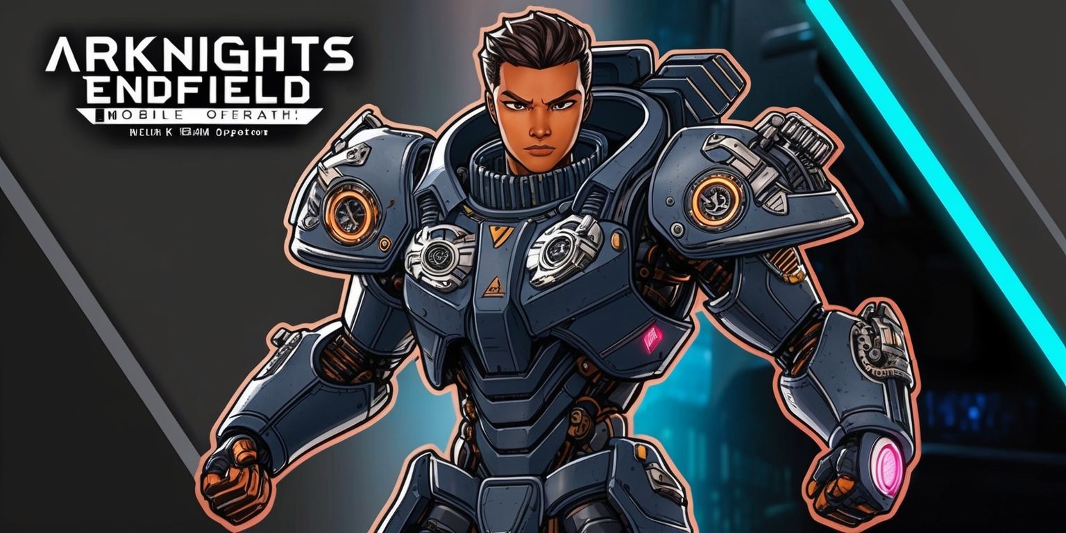 A highly detailed illustration of an Arknights Endfield operator from a mobile tower defense game, depicted in a futuristic sci-fi setting with a mix of dark and metallic colors, the operator stands in a powerful pose with intricate mechanical details on their suit, their facial features are determined with a strong jawline and piercing eyes, the operator's skin has a warm undertone, the background is a blurred mixture of industrial and technological elements, with a hint of neon lights, the overall style is a blend of anime and western comic book aesthetics, with bold lines and vibrant colors, the operator's suit is adorned with complex logos and markings in a metallic silver color, the illustration is set against a dark gray and blue gradient background, with the operator positioned in the center of the frame.
