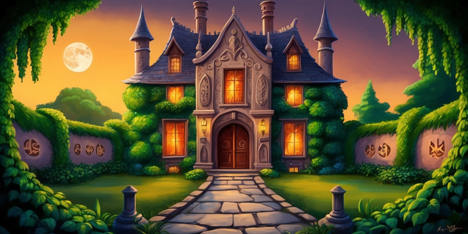 A detailed, whimsical illustration of the mysterious manor from the Mystery Manor game, set against a warm, golden sunset background with vibrant, lush green trees and overgrown vegetation surrounding the manor's perimeter, featuring a grand, ornate entrance with large, wooden doors and intricate stone carvings, with a few windows lit up from the inside, casting a warm, eerie glow, and a winding, stone pathway leading up to the entrance, with a few subtle, mysterious symbols etched into the stone walls, and a sense of eerie, mystical atmosphere, with the manor's architecture being a mix of medieval and Victorian styles, with tall, pointed towers and steep, sloping roofs, and a full moon rising high in the night sky, casting an air of mystery and suspense.