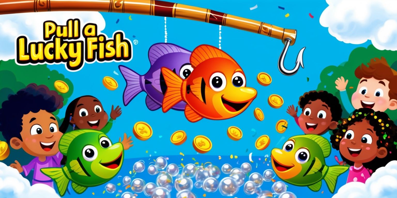 A colorful illustration of a lively Pull a Lucky Fish game, set against a vibrant blue background with white fluffy clouds, featuring a large wooden or bamboo fishing rod with a shiny metal hook, suspended above a cluster of assorted fish in shades of orange, green, and purple, each with distinctive markings and large expressive eyes, surrounded by floating golden coins and shimmering silver bubbles, with a few excited children in the background, their faces filled with joy and anticipation, having diverse skin tones and unique hairstyles, all gazing up at the fishing rod with eager smiles, as a few fish jump out of the water, with the game's logo prominently displayed in bold, curly, golden letters at the top of the image, and a sprinkling of confetti and glitter throughout the scene to convey a sense of celebration and good fortune.