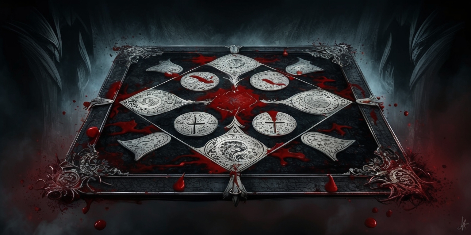 A dark, ominous illustration depicting a mysterious, ancient-looking game board with silver filigree and blood-red accents, set against a dark, gradient background that evokes a sense of foreboding and mysticism. The board's surface is adorned with cryptic symbols, etched in silver, and stained with crimson droplets, as if the game itself has been baptized in blood. The air around the board appears to vibrate with an otherworldly energy, hinting at the game's dark, potentially malevolent power. In the shadows, subtle, eerie lighting hints at unknown, lurking presences, watching and waiting for the next move. The overall aesthetic is one of dark, gothic fantasy, with intricate, ornate details that draw the viewer in, making them feel like they're about to uncover a long-forgotten, sinister secret.