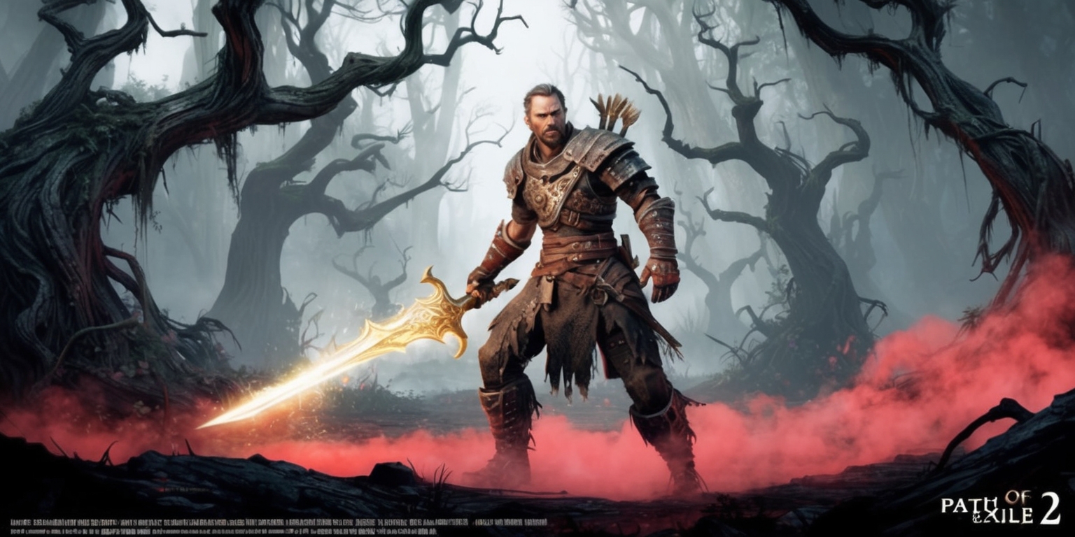 A dark fantasy action RPG scene depicting the harsh world of Path of Exile 2, set in a foreboding, ancient forest with twisted, gnarled trees looming in the background, their branches like skeletal fingers reaching towards the sky. In the foreground, a gritty, worn-out character stands proudly, clad in tattered armor, with a glowing, ethereal sword at the ready, its blade shimmering with an otherworldly aura. The atmosphere is ominous, with an eerie, crimson-tinted mist swirling around the character's boots, symbolizing the corruption and decay that permeates the world. The character's face is weathered, with a determined expression, strong facial features, and piercing eyes that seem to hold a deep wisdom. The overall style is reminiscent of dark, gothic illustrations, with bold lines, vibrant colors, and an intricate level of detail, as if pulled straight from a concept art book.