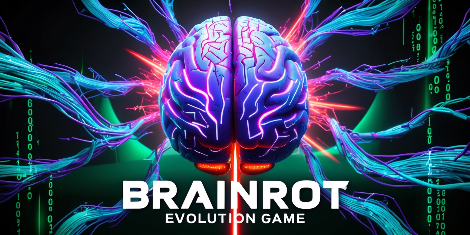 A vibrant digital artwork depicting the concept of a Brainrot Evolution game, with a futuristic and slightly eerie atmosphere, featuring a prominent brain at the center, surrounded by swirling tendrils of glowing blue and purple circuitry, set against a dark gradient background with hints of neon green, the brain's surface etched with intricate networks of fine lines and nodes, with glowing red pulses emanating from its core, and in the foreground, fragments of code and binary digits floating in mid-air, in a bold, sans-serif font, with sharp lines and geometric shapes, and a sense of dynamic movement and energy, as if the brain is evolving and mutating before our eyes, with a mix of organic and synthetic elements blending together in a mesmerizing dance of light and color.